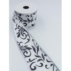 2.5 Inch Wired Floral Ribbon Black on White Satin, 2-1/2 In. X 10 Yds (Lot of 1 Spool) SALE ITEM